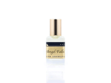 15ml roller ball oil perfume bottle placed elegantly on a white background. The bottle is sleek and cylindrical, with a smooth glass body and a polished metal roller ball at the top. The label on the bottle is designed in gold and black, featuring Sifr Aromatics' logo and the perfume name 'Angel Falls.' The overall aesthetic is clean and sophisticated, highlighting the high-quality craftsmanship of the product.